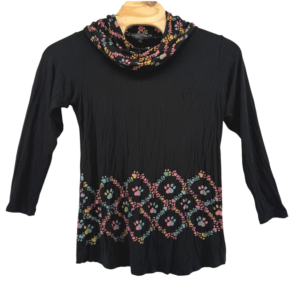 GreaterGood Womens XL Black Viscose Paw Print Cowl Neck Long Sleeve Top Nepal